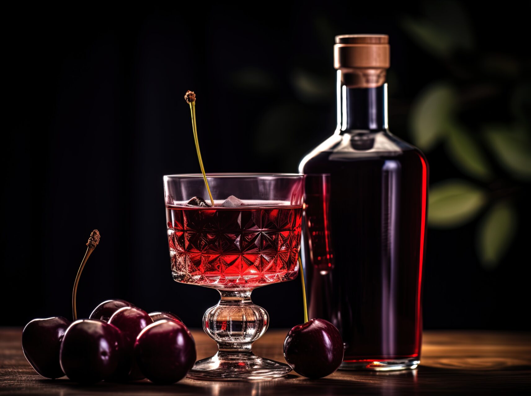close up Cherry brandy in luxury glass bottle with glass and cherry, Generative Ai