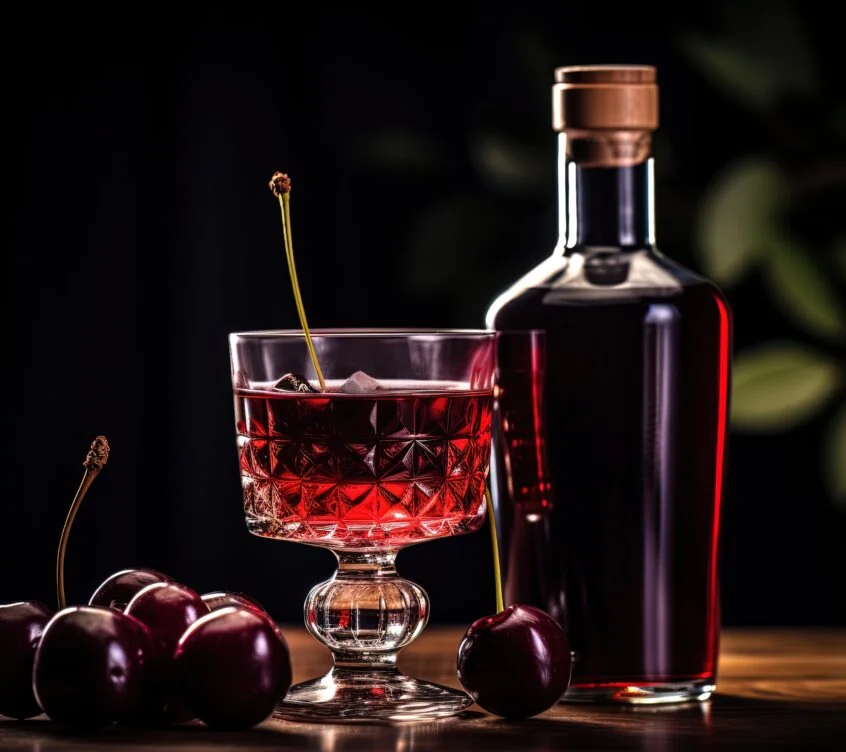 close up Cherry brandy in luxury glass bottle with glass and cherry, Generative Ai